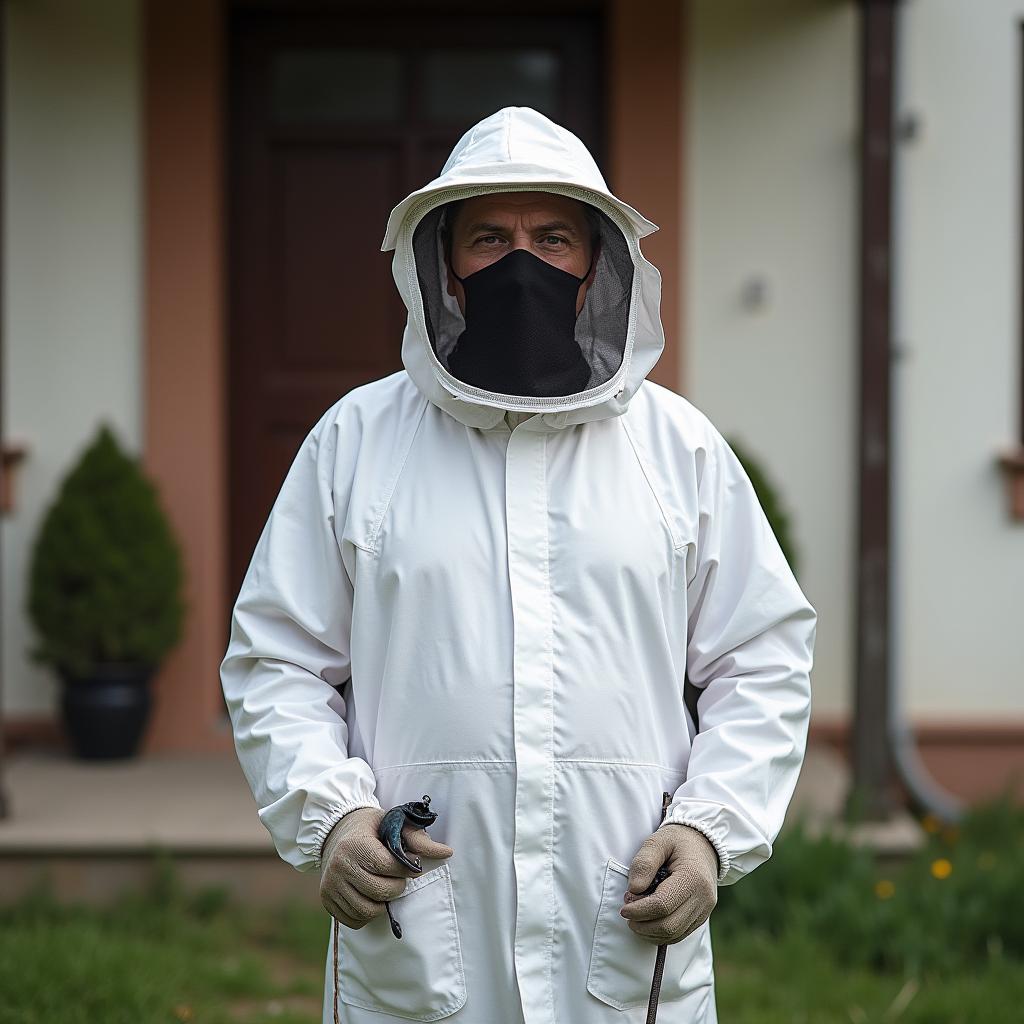 Специалист в защитном костюме для удаления осиного гнезда